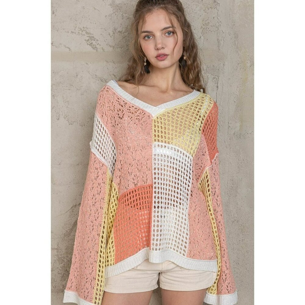 Peach Me Your Ways Color Block Crochet Top in Peach Multi